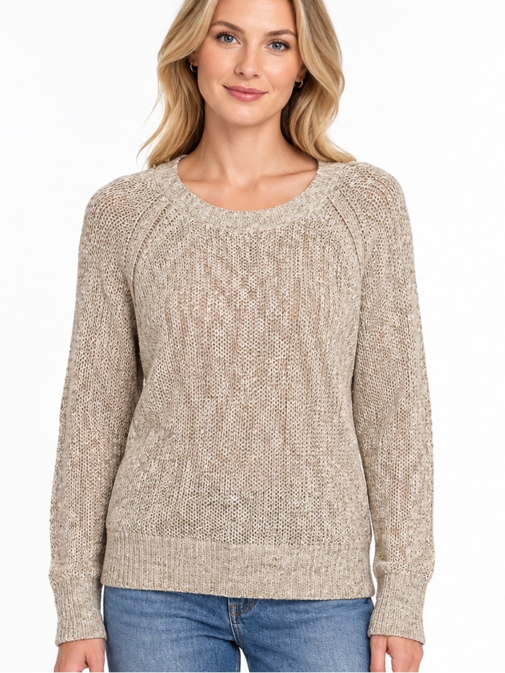 Free People Linen Size Small Beige Knit Crewneck Sweater - Women